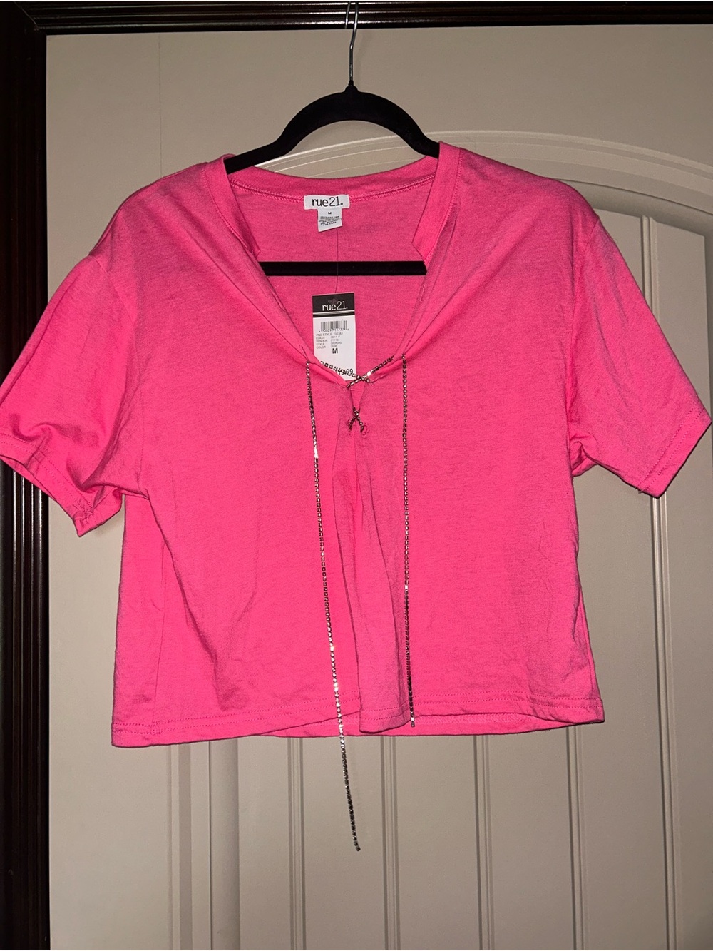 Rue21 Neon Pink V-Neck Crop Top with Silver Drawstring